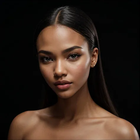 (Beautiful+attractive+cute) ebony_woman, inspired_by_young_cheryl_cole:0.5, black_ebony_woman, 20_years_woman, nerd:0.8, short_forehead:1.2, (short_face:1.2 round_face:1.4), young_facial_feautures, long_hair straight_hair black_hair:1.5, almond_eyes:1 large_eyes:0.5 brown_eyes:1.5, (brown_skin:1.9 black_skin:1.9 dark_skin:1.9), straight_nose:1 delicate_nose:1, _gorgeous_woman, feminine_cheeks big_cheeks:0.8, attractive_red_lips:0.9, light_pink_lipstick:1, round_chin, (1Woman:1.5, (Masterpiece, 8K, best quality, highres:1.5), upper_body:1.5, looking_at_viewer:1.5, body_looking_at_viewer:1.5, white_photoshoot:1, white_room:1, white_backdrop:1.5, standing, neutral_body_posture:1.5, neutral_facial_expression:1.5, wearing white_strapless_mini_dress)