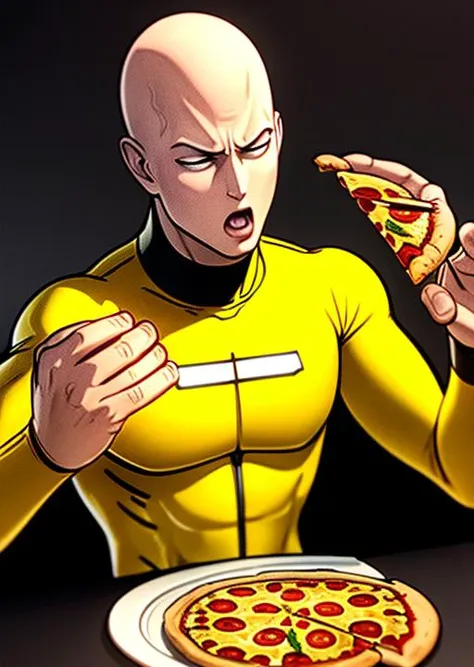 epic, dramatic, high definition, ManLevitatingPizza, <lora:ManLevitatingPizza:0.90>, saitama from one punch man sitting at the table, masterpiece, best quality, detailed, realistic, photorealistic, octane render, hyperrealistic