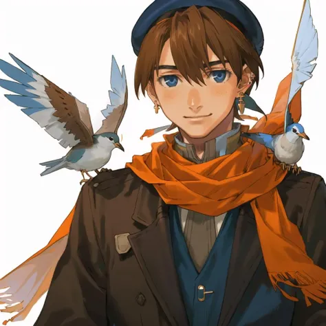 gagharv, 1boy, bird, male focus, brown hair, jewelry, blue eyes, hat, earrings, solo, bird on shoulder, scarf, smile, orange scarf, pigeon, jacket, <lora:gagharv:1>