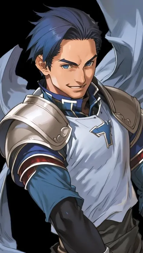 A man with blue hair and a white shirt holding a sword - SeaArt AI