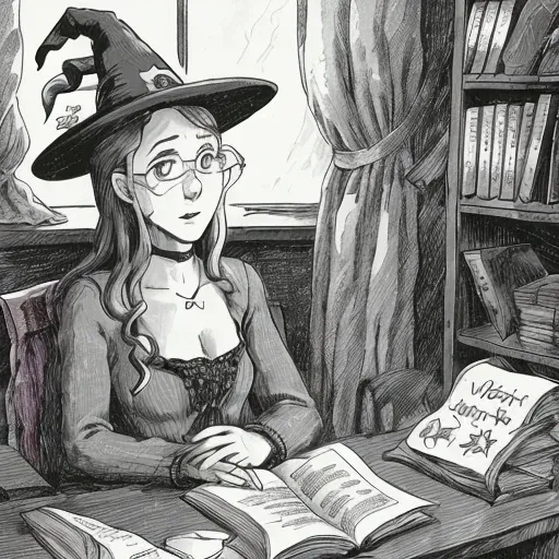 a cartoon about a witch reading harry potter <lora:TheFarSide:0.8>, by gary larson, monochrome, black and white