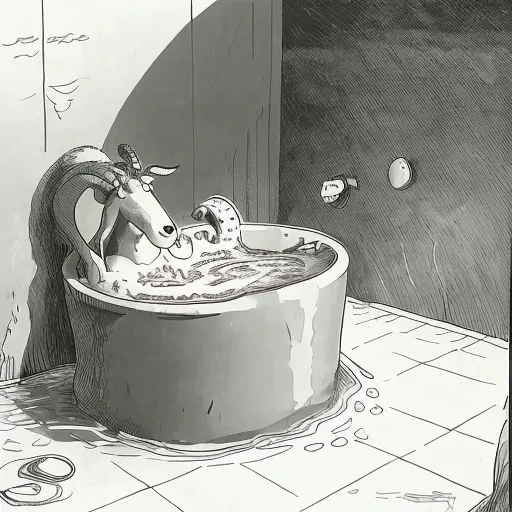 a cartoon about a cow taking a bubble bath, inside, bath tub, <lora:TheFarSide:1>, by gary larson, monochrome, black and white
