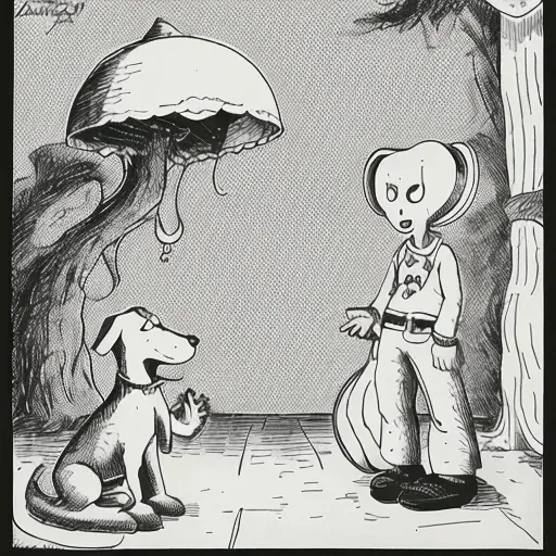 a cartoon about a dog barking at an alien <lora:TheFarSide:0.8>, by gary larson, monochrome, black and white