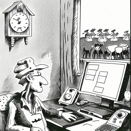 a cartoon about a farmer who works with computers <lora:TheFarSide:1>, by gary larson, monochrome, black and white