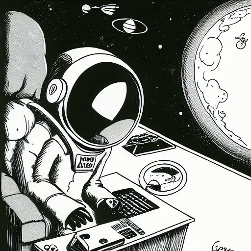 a cartoon about an astronaut working on a computer, <lora:TheFarSide:1>, by gary larson, monochrome, black and white