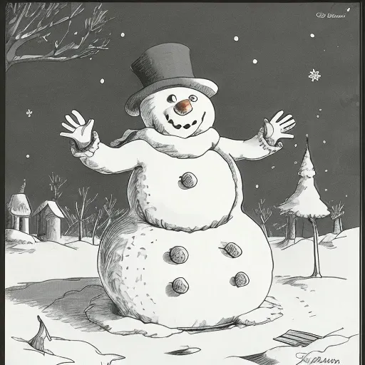 a cartoon about a snowman melting, <lora:TheFarSide:0.8>, by gary larson, monochrome, black and white