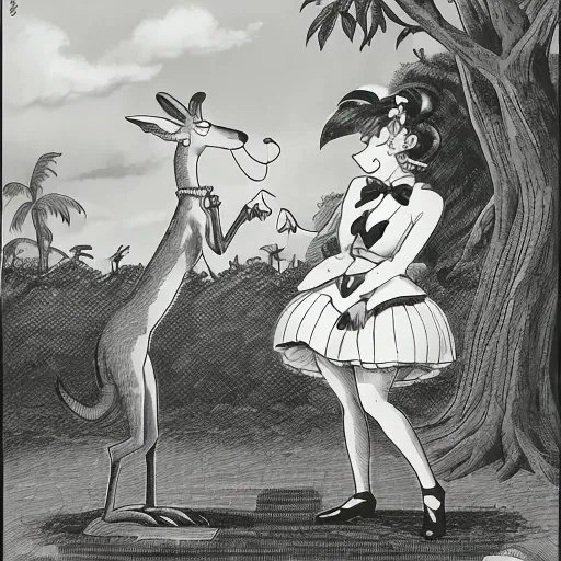 a cartoon about a kangaroo tap dancing <lora:TheFarSide:0.8>, by gary larson, monochrome, black and white