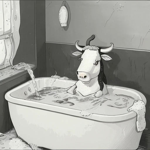 a cartoon about a cow taking a bubble bath, inside, bath tub, <lora:TheFarSide:0.8>, by gary larson, monochrome, black and white