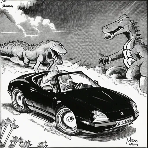 a cartoon about a dinosaur driving a car, <lora:TheFarSide:1>, by gary larson, monochrome, black and white