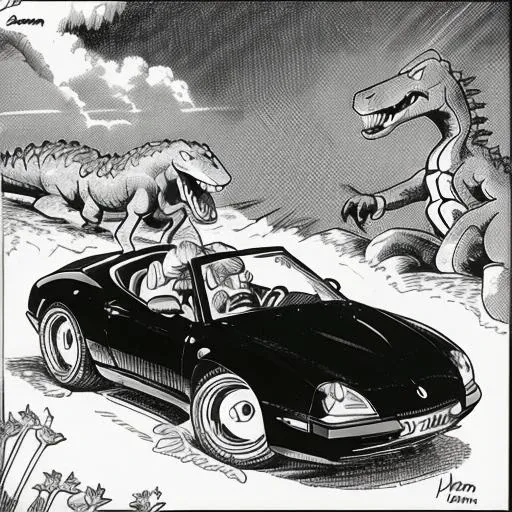 a cartoon about a dinosaur driving a car, <lora:TheFarSide:1>, by gary larson, monochrome, black and white