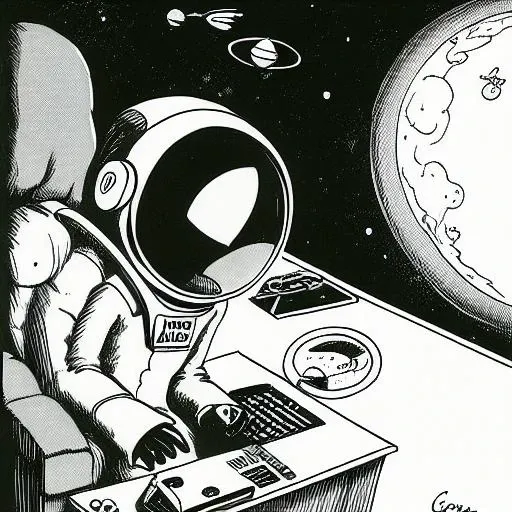 a cartoon about an astronaut working on a computer, <lora:TheFarSide:1>, by gary larson, monochrome, black and white