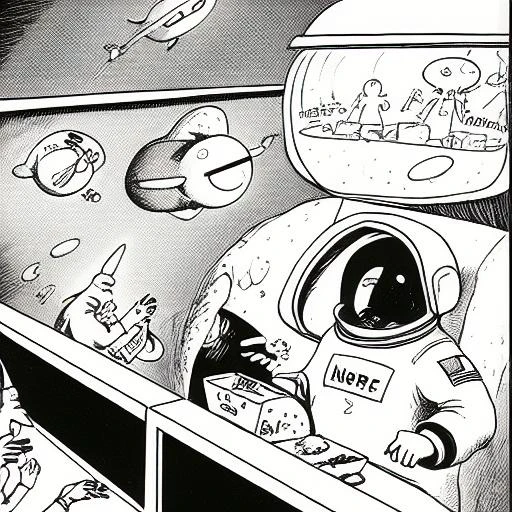 a cartoon about an astronaut working at a fastfood restaurant, <lora:TheFarSide:1>, by gary larson, monochrome, black and white