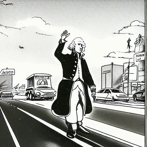 a cartoon about george washington crossing the street, <lora:TheFarSide:1>, by gary larson, monochrome, black and white