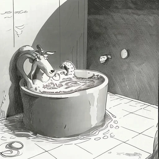 a cartoon about a cow taking a bubble bath, inside, bath tub, <lora:TheFarSide:1>, by gary larson, monochrome, black and white