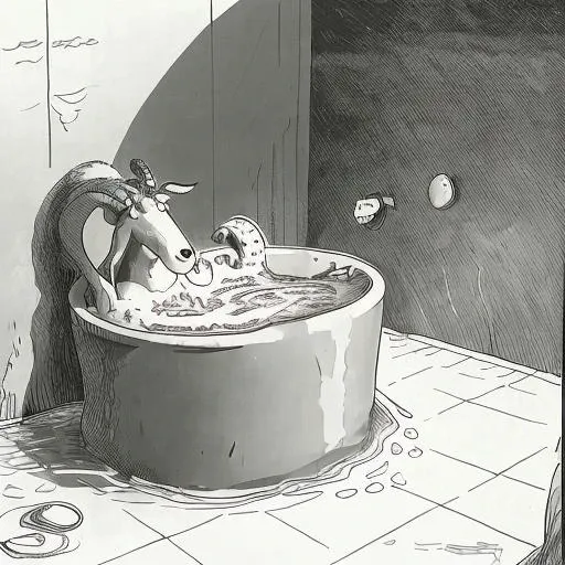 a cartoon about a cow taking a bubble bath, inside, bath tub,  <lora:TheFarSide:1>, by gary larson, monochrome, black and white