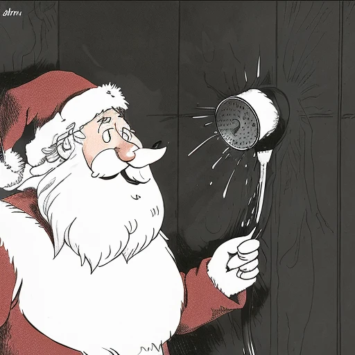 a cartoon about Santa Claus in the shower <lora:TheFarSide:0.8>, by gary larson, monochrome, black and white
