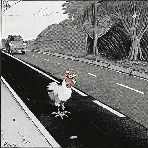a cartoon about a chicken crossing the road, <lora:TheFarSide:1>, by gary larson, monochrome, black and white