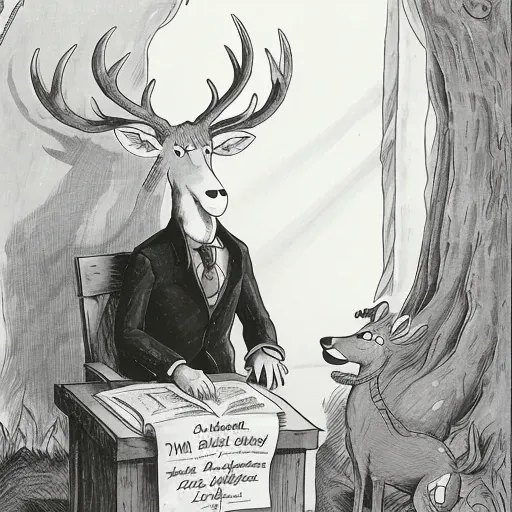 a cartoon about a deer reading the constitution <lora:TheFarSide:0.8>, by gary larson, monochrome, black and white