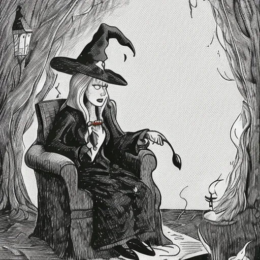 a cartoon about a witch from hogwarts casting a spell <lora:TheFarSide:0.8>, by gary larson, monochrome, black and white