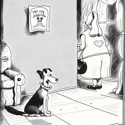 a cartoon about a dog <lora:TheFarSide:1>, by gary larson, monochrome, black and white