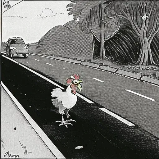 a cartoon about a chicken crossing the road, <lora:TheFarSide:1>, by gary larson, monochrome, black and white