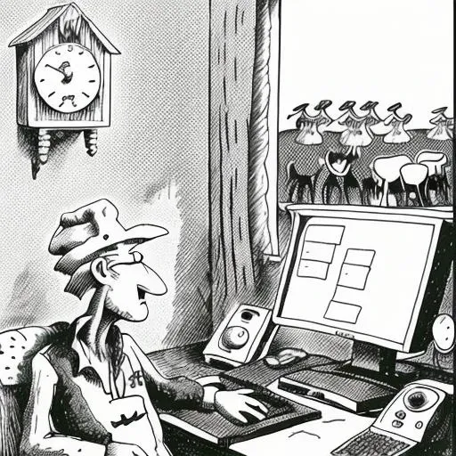 a cartoon about a farmer who works with computers <lora:TheFarSide:1>, by gary larson, monochrome, black and white