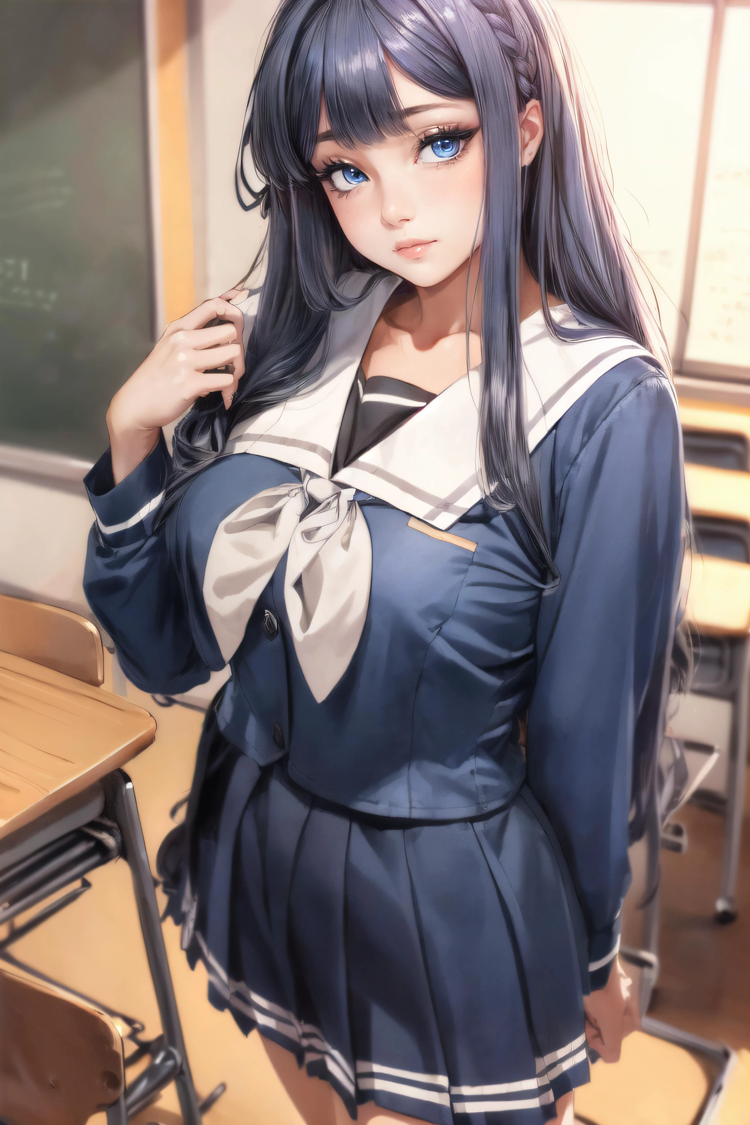 (masterpiece, best quality, ultra detailed, absurdres:1.5), 1girl, (sexy, beautiful woman, perfect face, perfect eyes, perfect female body, medium breasts:1.5), (bangdream, school uniform, serafuku, sailor collar, plaid skirt, pleated skirt, long sleeves, neckerchief, white shoes, loafers, long hair, blunt bangs, hime cut, <lora:bangdream_20240530003106:0.75>), (standing, indoors, Japanese classroom), perfect lighting, smooth, hdr