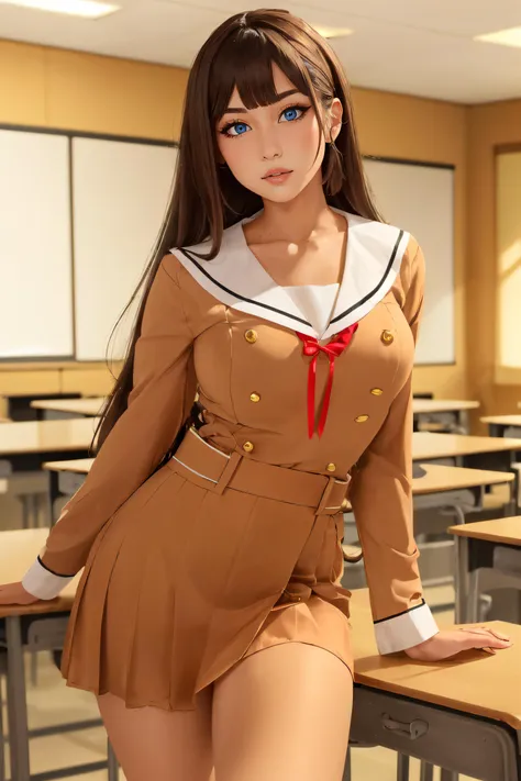 (masterpiece, best quality, ultra detailed, absurdres:1.5), 1girl, (sexy, beautiful woman, perfect face, perfect eyes, perfect female body:1.5), (bangdream, school uniform, serafuku, sailor collar, sailor dress, long sleeves, neck ribbon, double-breasted, buttons black socks, loafers, long hair, hime cut, blunt bangs, <lora:bangdream_20240528000418:0.7>), (standing, indoors, Japanese classroom), perfect lighting, smooth, hdr