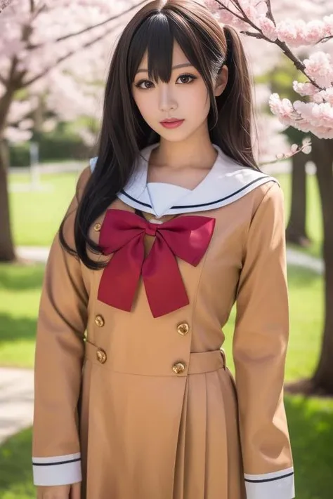 ltra-detailed,highly detailed,best quality,masterpiece,illustration,realistic,photorealistic,
bangdream, 
1girl, solo, cosplay, 
school uniform, serafuku, sailor collar, long sleeves,sailor dress, 
buttons, bow, bowtie, double-breasted, 
long hair, bangs,
looking at viewer, cowboy shot, 
outdoors, nature, cherry blossoms, petals, falling petals, wind, 
 <lora:bangdream_hxc_v1_04:0.7>