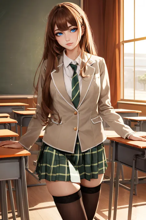 (masterpiece, best quality, ultra detailed, absurdres:1.5), 1girl, (sexy, beautiful woman, perfect face, perfect eyes, perfect female body:1.5), (bangdream, school uniform, jacket, collared shirt, plaid skirt, pleated skirt, long sleeves, necktie, thighhighs, loafers, long hair, hime cut, blunt bangs, <lora:bangdream_20240528235125:0.75>), (standing, indoors, Japanese classroom), perfect lighting, smooth, hdr