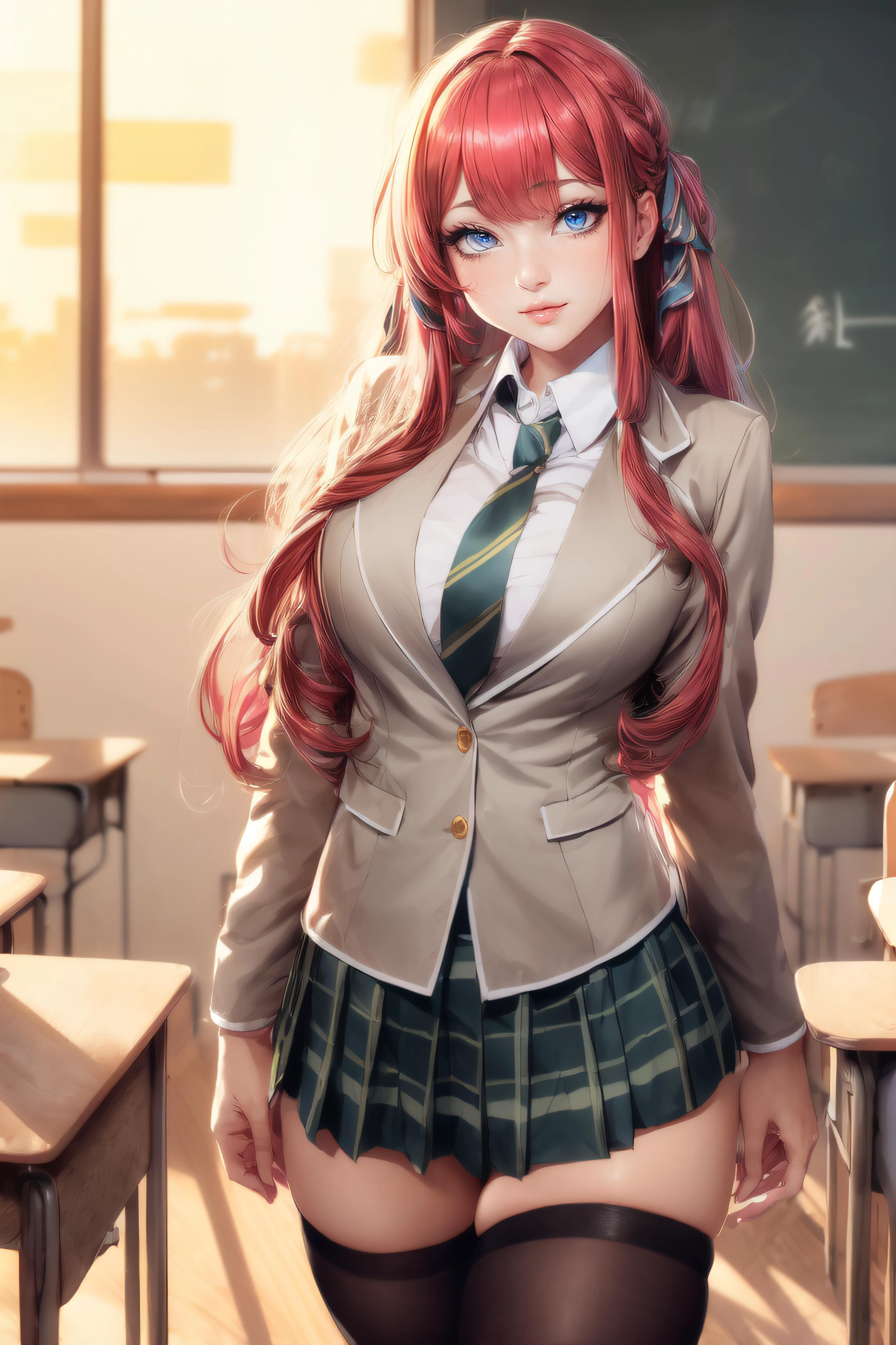 (masterpiece, best quality, ultra detailed, absurdres:1.5), 1girl, (sexy, beautiful woman, perfect face, perfect eyes, perfect female body, medium breasts:1.5), (bangdream, school uniform, jacket, collared shirt, plaid skirt, pleated skirt, long sleeves, necktie, thighhighs, loafers, long hair, hime cut, blunt bangs, <lora:bangdream_20240528235125:0.75>), (standing, indoors, Japanese classroom), perfect lighting, smooth, hdr