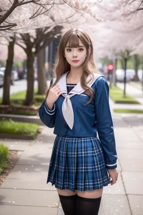 ltra-detailed,highly detailed,best quality,masterpiece,illustration,realistic,photorealistic,
bangdream, school uniform, 
1girl, solo, cosplay, 
serafuku, sailor collar, plaid skirt, pleated skirt, thighhighs, 
long sleeves, neckerchief, 
long hair, bangs, 
looking at viewer, standing, cowboy shot, 
outdoors, blurry background, cherry blossoms, tree, day, shirt, grass, photo background, flower, spring \(season\), 
 <lora:bangdream_yzs_v1_06:0.7>