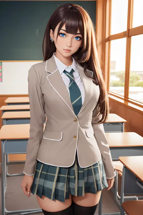 (masterpiece, best quality, ultra detailed, absurdres:1.5), 1girl, (sexy, beautiful woman, perfect face, perfect eyes, perfect female body:1.5), (bangdream, school uniform, jacket, collared shirt, plaid skirt, pleated skirt, long sleeves, necktie, thighhighs, loafers, long hair, hime cut, blunt bangs, <lora:bangdream_20240528235125:0.75>), (standing, indoors, Japanese classroom), perfect lighting, smooth, hdr