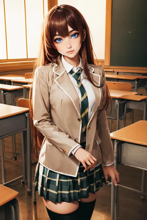 (masterpiece, best quality, ultra detailed, absurdres:1.5), 1girl, (sexy, beautiful woman, perfect face, perfect eyes, perfect female body:1.5), (bangdream, school uniform, jacket, collared shirt, plaid skirt, pleated skirt, long sleeves, necktie, thighhighs, loafers, long hair, hime cut, blunt bangs, <lora:bangdream_20240528235125:0.75>), (standing, indoors, Japanese classroom), perfect lighting, smooth, hdr