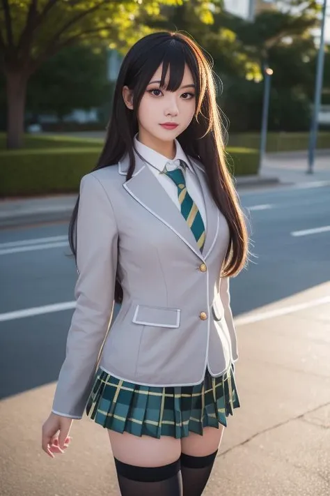 ltra-detailed,highly detailed,best quality,masterpiece,illustration,realistic,photorealistic,
bangdream, school uniform, 
1girl, solo, 
jacket, collared shirt, plaid skirt, pleated skirt, 
long sleeves, necktie, thighhighs, zettai ryouiki, 
long hair, bangs, 
looking at viewer, cowboy shot, standing, 
 <lora:bangdream_yq_v1_03:0.7>