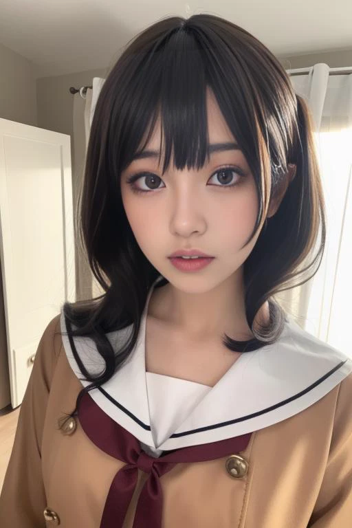 ltra-detailed,highly detailed,best quality,masterpiece,illustration,realistic,photorealistic,
bangdream, 
1girl, solo, cosplay, 
school uniform, serafuku, sailor collar, sailor dress, long sleeves, 
neck ribbon, double-breasted, buttons, 
looking at viewer, upper body, 
 <lora:bangdream_hxc_v1_04:0.7>