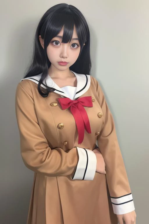 ltra-detailed,highly detailed,best quality,masterpiece,illustration,realistic,photorealistic,
bangdream, 
1girl, solo, cosplay, 
school uniform, serafuku, sailor collar, long sleeves,sailor dress, 
buttons, bow, bowtie, double-breasted, 
long hair, bangs, black hair, 
looking at viewer, cowboy shot, 
grey background, simple background, 
 <lora:bangdream_hxc_v1_04:0.9>