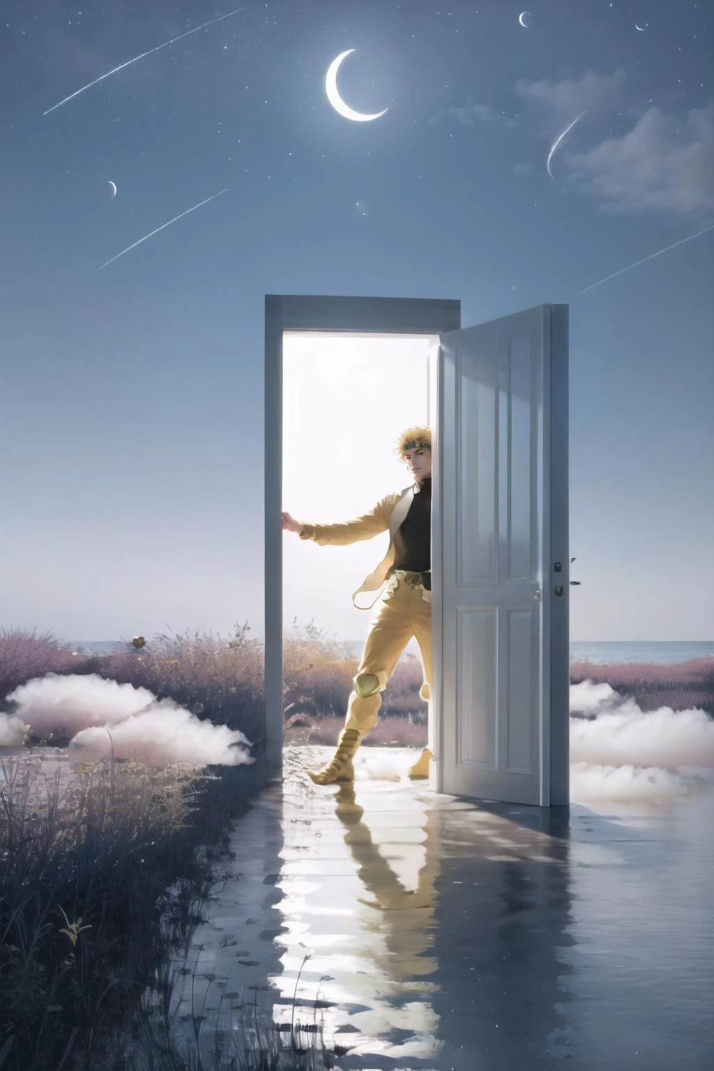 Highly detailed, High Quality, Masterpiece, beautiful, 1boy, doors, <lora:Pos_Doors:0.8>, light behind doors, sky, out door, cloud, moon, stars, dio, jacket, pants, headband, <lora:Char_Sigmas_Dio:0.9>