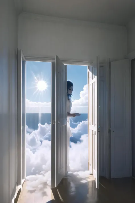 Highly detailed, High Quality, Masterpiece, beautiful, 1girl, doors, <lora:Pos_Doors:0.8>, light behind doors, sky, out door, cloud, moon, stars, Ranni, wavy hair, blue skin, cracked skin, extra arms, dress, <lora:Char_EldenRing_Ranni:0.9>