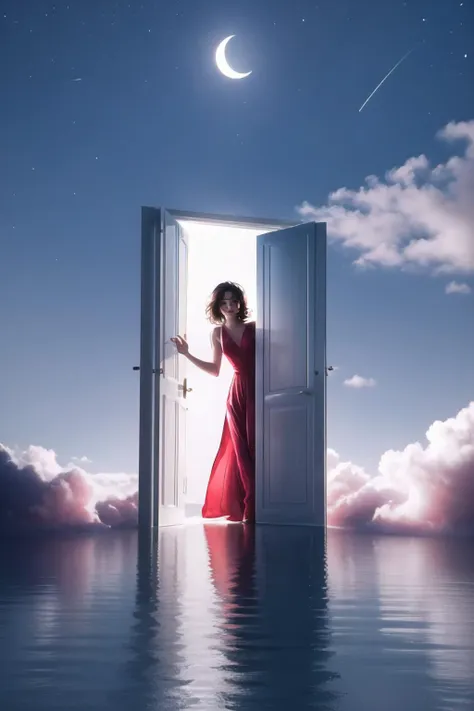 Highly detailed, High Quality, Masterpiece, beautiful, 1girl, doors, <lora:Pos_Doors:0.8>, light behind doors, sky, out door, cloud, moon, stars, Girlfriend, red dress, <lora:Char_FNF_Girlfriend:0.9>