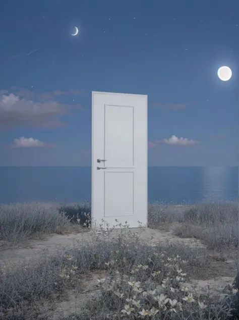 <lora:doors:0.8>, doors,light behind doors,sky,out door,cloud:1, moon, stars