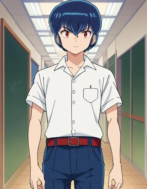 score_9, score_8_up, score_7_up, source_anime,
ryuunosukefujinami, <lora:ryuunosuke-fujinami-ponyxl-lora-nochekaiser:1>,
ryuunosuke fujinami, short hair, blue hair, red eyes,
shirt, school uniform, white shirt, short sleeves, collared shirt, belt, pants,
indoors, classroom, hallway,
looking at viewer, cowboy shot, dutch angle,