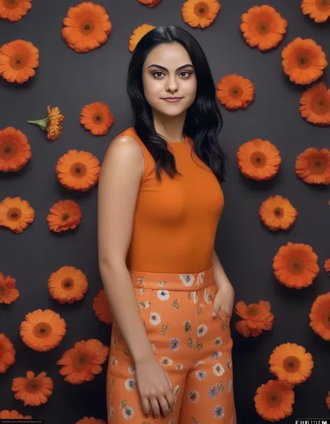 CamilaMendes,<lora:CamilaMendesSDXL:1>,a Realistic photo of woman, 11girl, solo, long hair, looking at viewer, brown hair, shirt, black hair, brown eyes, upper body, flower, sleeveless, looking back, lips, realistic, nose, orange shirt, professional Photography, Photorealistic, detailed eyes, RAW, analog, sharp focus, 8k, HD, DSLR, high quality, Fujifilm XT3, film grain, award winning, masterpiece