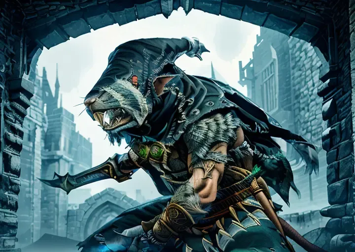 snikch, aggressive look, detailed facial features, castle ruins in the background, holding dagger ,raining ,wearing cloth, toned, full-length photo, helm, 70mm lens, symmetrical,posing, monster, athletic, sharp, textured skin, perfect body, detailed hand, 1boy, realistic, detailed, (perfect fingers:1.2), photographed by a Nikon Z7 II Camera,(high detailed skin:1.2),8k uhd, <lora:SnikchV2-000008:1>
