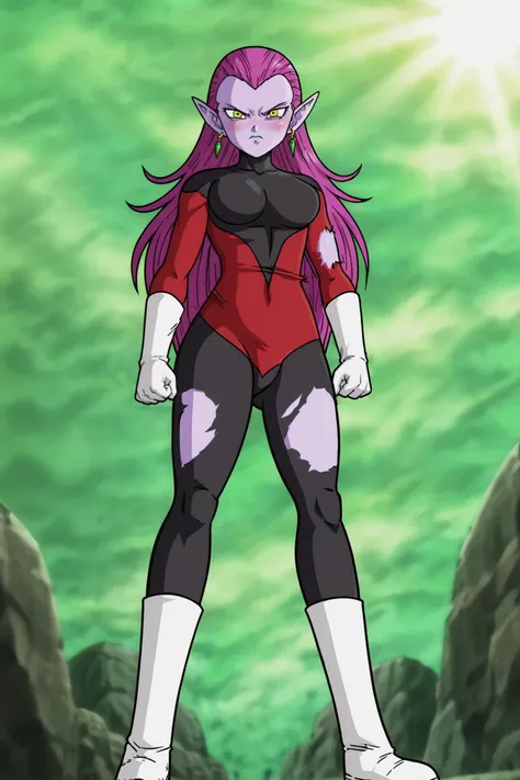 source_anime, score_9, score_8_up, score_7_up, anime screencap,
cocottedbs, high quality,
purple skin, purple hair, yellow eyes, very long hair, earrings, breasts,
sunlight, green sky, dark clouds,
torn bodysuit, white gloves, white boots, outdoors, from from below, looking at viewer, blush, clenched hands, crazy eyes, frown, angry,
<lora:cocotte_pony_v1:0.8>