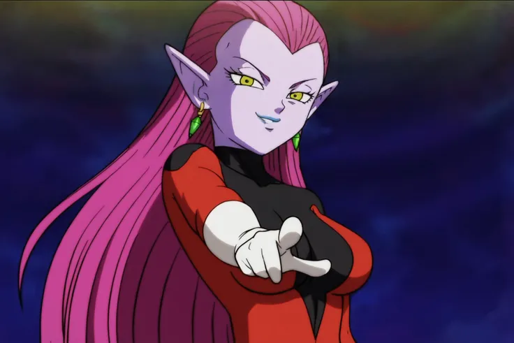 source_anime, score_9, score_8_up, score_7_up, anime screencap,
cocottedbs, high quality,
purple skin, purple hair, yellow eyes, very long hair, earrings, breasts,
bodysuit, white gloves, smug, , pointing at viewer, (from below),
<lora:cocotte_pony_v1:0.8>