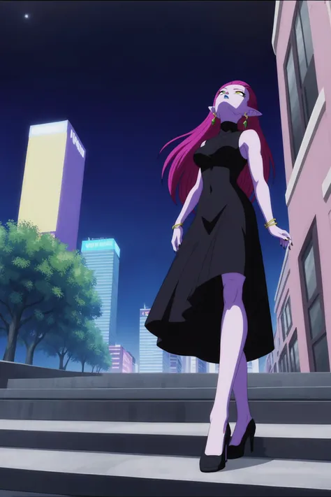 source_anime, score_9, score_8_up, score_7_up, anime screencap,
cocottedbs, purple skin, purple hair, yellow eyes, very long hair, earrings, medium breasts, lipstick, pointy ears, nail polish,
city, building, night sky,star \(sky\), joy, full body, walking, stairs,
sleeveless black dress, looking up, from below, high heels,
<lora:cocotte_pony_v1:0.8>