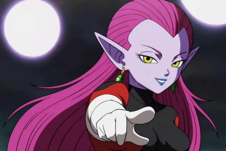 source_anime, score_9, score_8_up, score_7_up, anime screencap,
cocottedbs, 1girl, solo, breasts, looking at viewer, smile, medium breasts, very long hair, yellow eyes, upper body, purple hair, earrings, pointy ears, ki balls, pointing, full moon, purple skin, pointing at viewer, bodysuit
<lora:cocotte_pony_v1:0.8>
