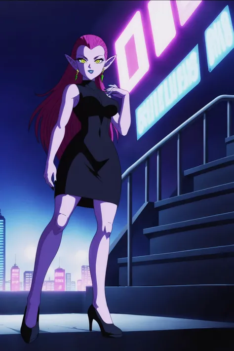 source_anime, score_9, score_8_up, score_7_up, anime screencap,
cocottedbs, purple skin, purple hair, yellow eyes, very long hair, earrings, medium breasts, lipstick, pointy ears, nail polish,
city, building, night sky,star \(sky\), joy, full body, walking, stairs, neon lights, looking at viewer,
sleeveless black dress, looking up, from below, high heels,
<lora:cocotte_pony_v1:0.8>