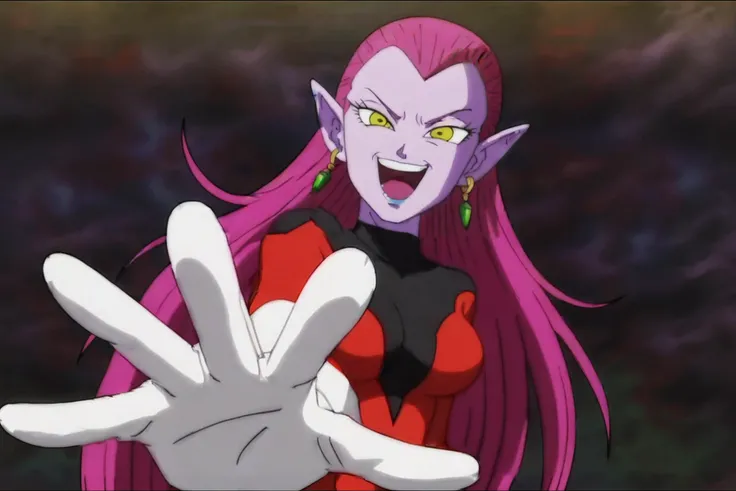 source_anime, score_9, score_8_up, score_7_up, anime screencap,
cocottedbs, high quality, 
purple skin, purple hair, yellow eyes, very long hair, earrings, breasts, 
bodysuit, white gloves, evil laugh, psychotic, outstretched hand, (from below), 
<lora:cocotte_pony_v1:0.8>
